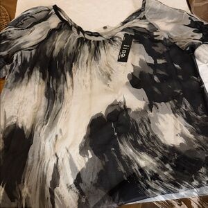 Linq  100 percent silk sheer open shoulder Black & White Watercolor Print Blouse